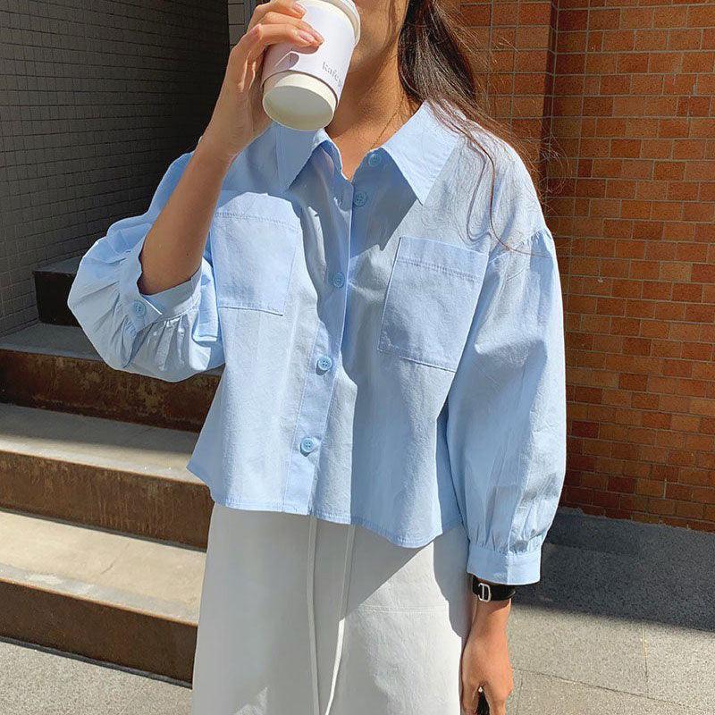 Maxct Chic Sky Blue Lapel Casual Shirt Top