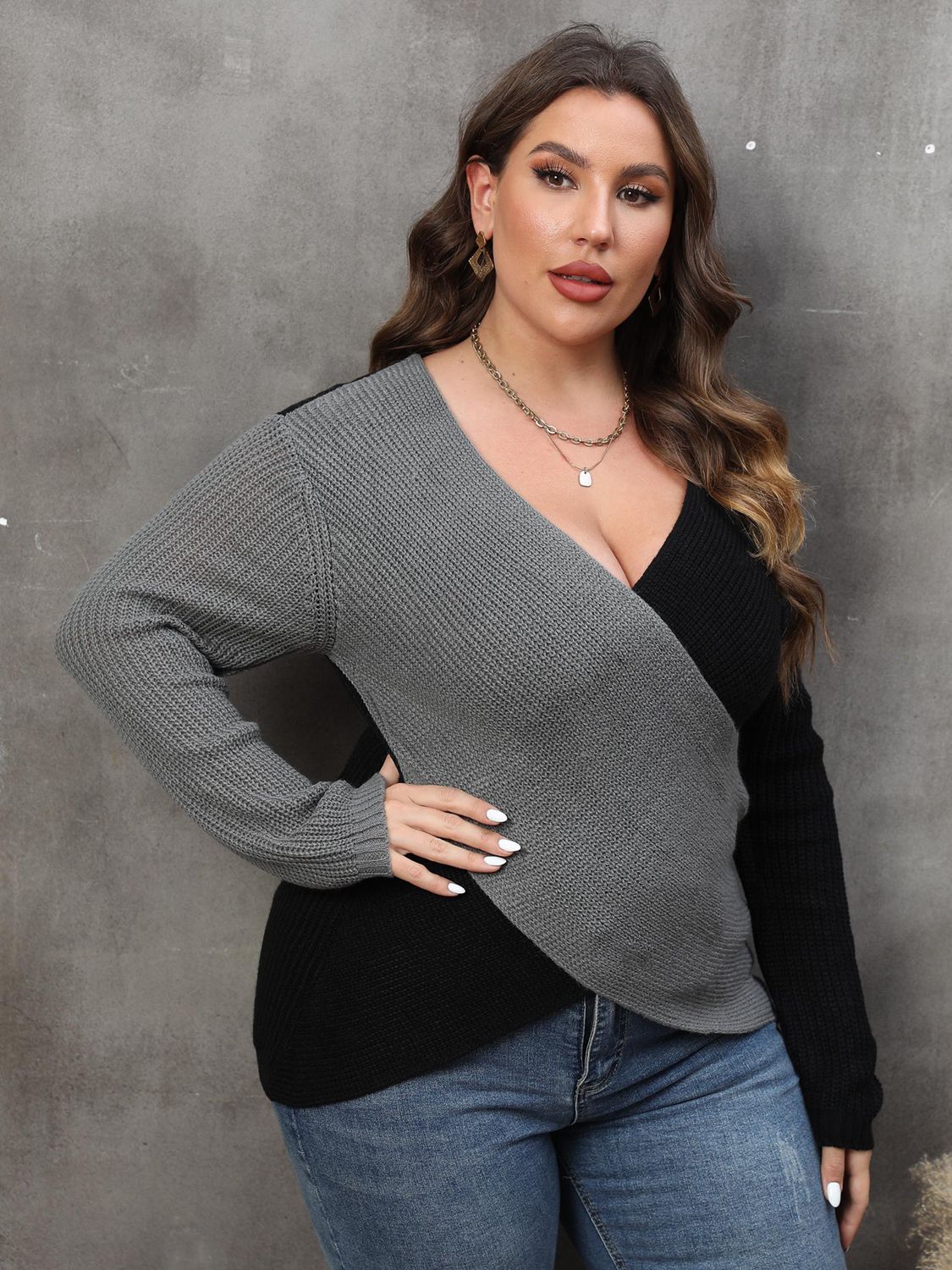 Maxct &Plus Size Two-Tone Surplice Neck Sweater