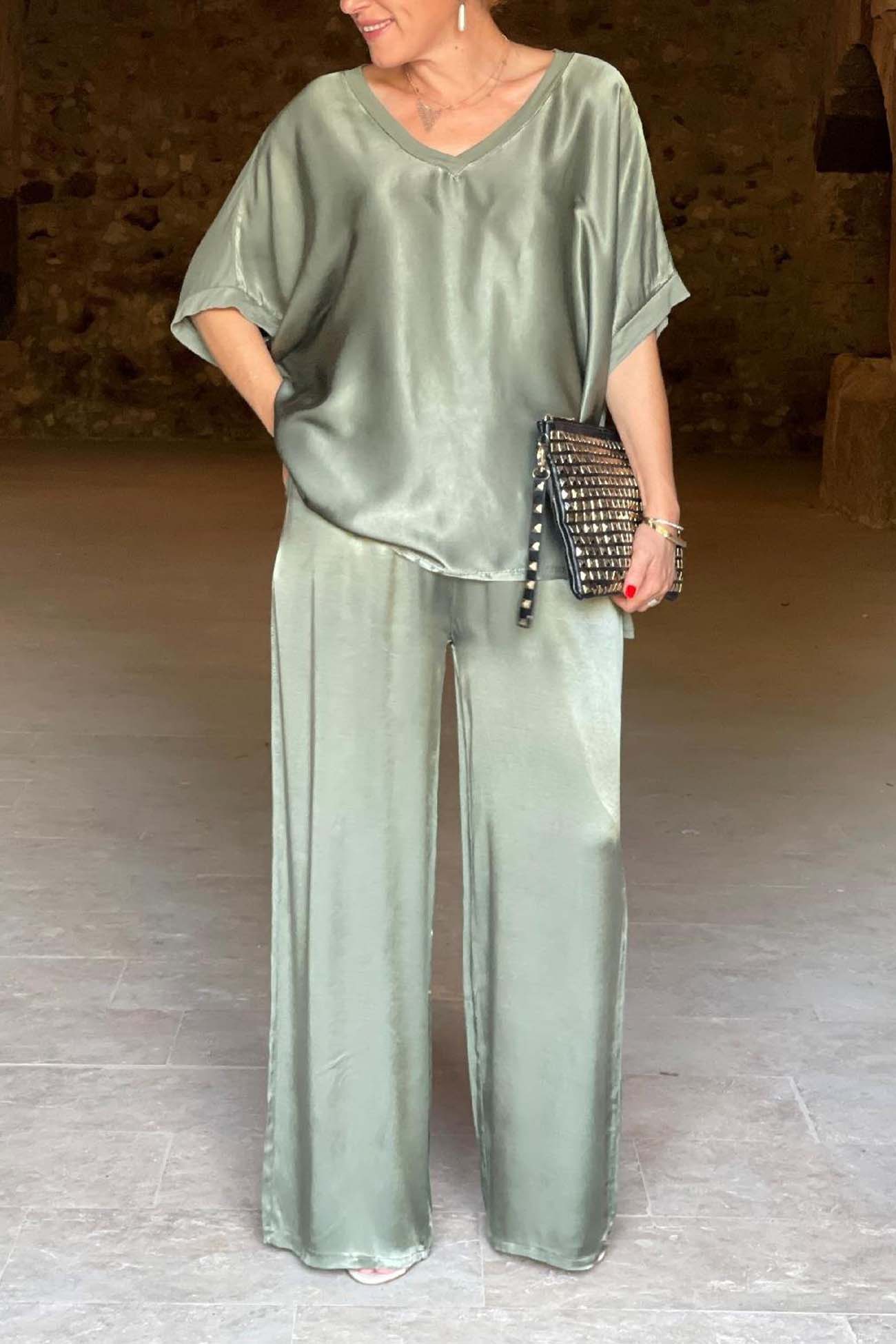 Maxct Satin V Neck Half Sleeve Long Pant Set