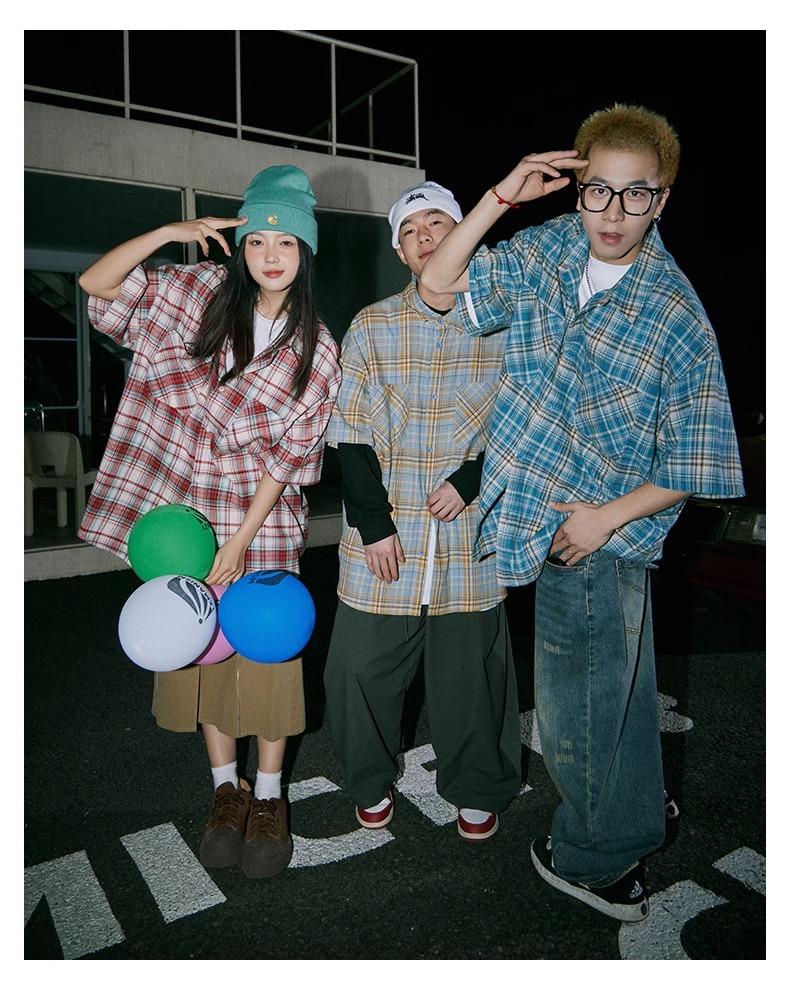 Maxct 90s Streetwear Japanese Niche Plaid Short-sleeved Shirt Men's Summer New Loose Trendy Brand All-match Shirt Couple's Coat Top