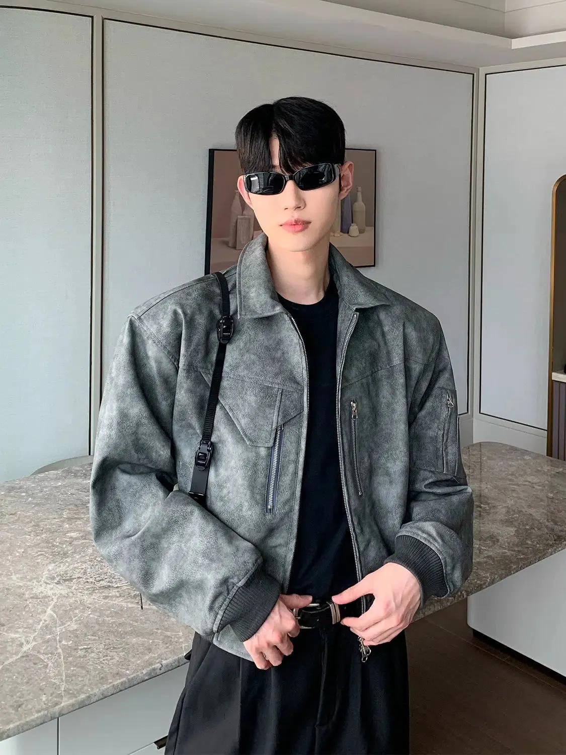 Maxct Shoulder Pad PU Leather Bomber Jacket