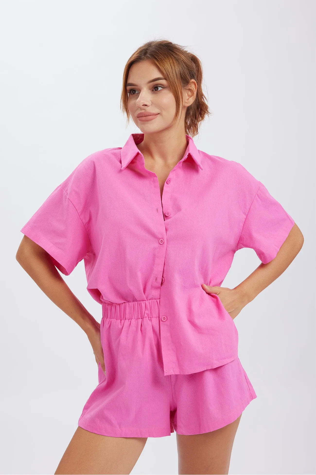 Maxct Solid Button Through Drop Shoulder Shirt Shorts Set