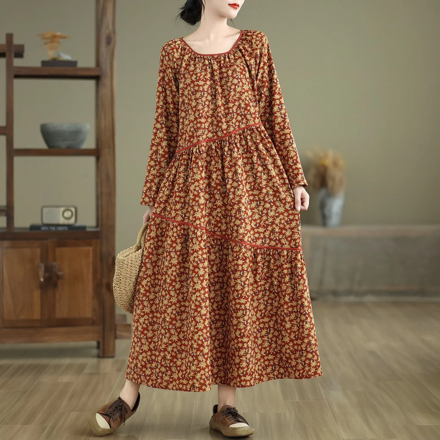 Maxct Women Autumn Retro Loose Cotton Corduroy Printed Dress