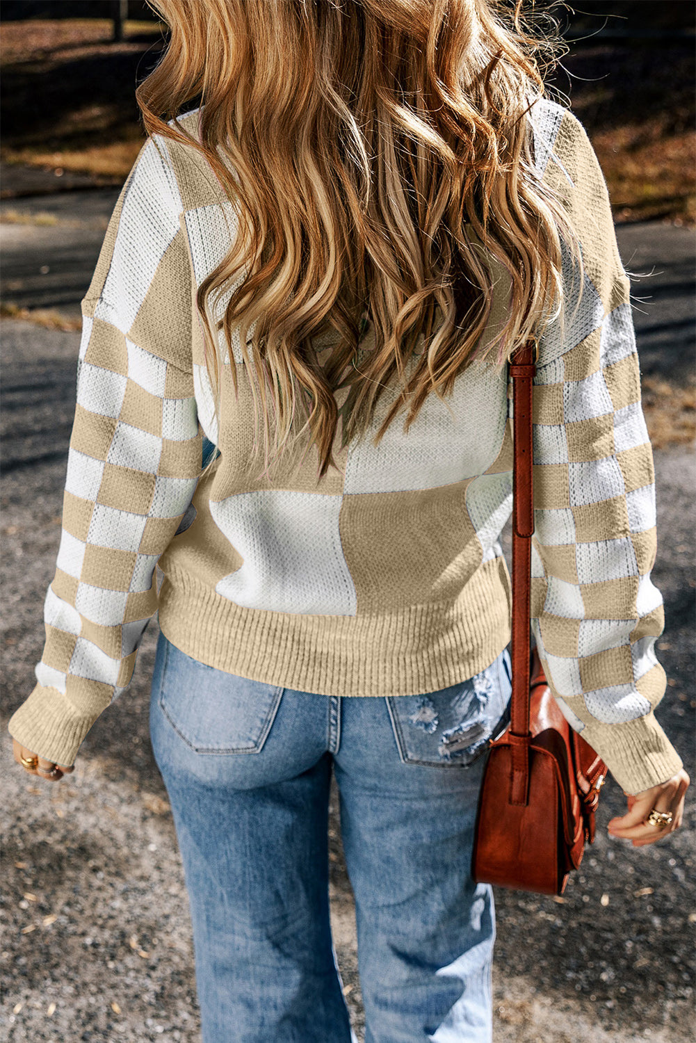 Maxct &Checkered Round Neck Drop Shoulder Sweater