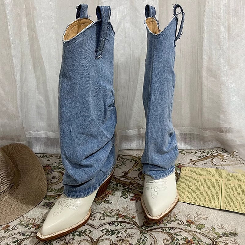 Wide-Shaft Wedge Boots Foldover Western Boots Blue & Off-White Mid Cowboy Boots Maxct