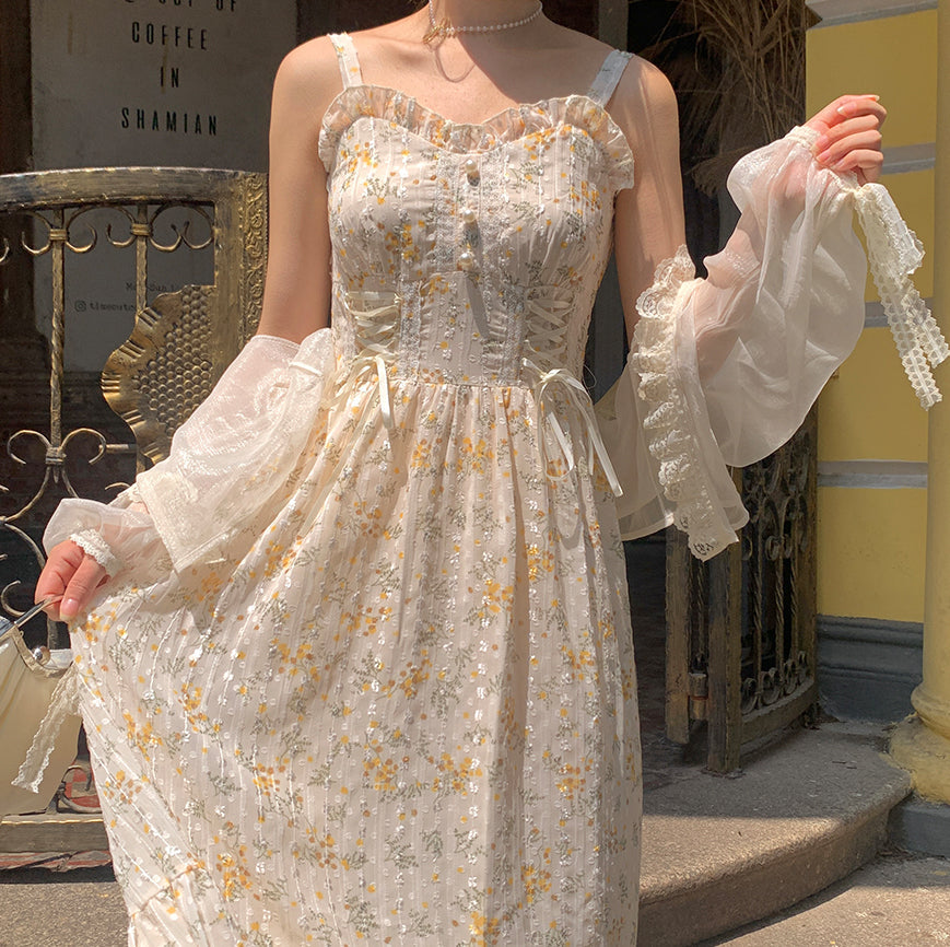 Ditsy Floral Lace Up Midi Dress Maxct