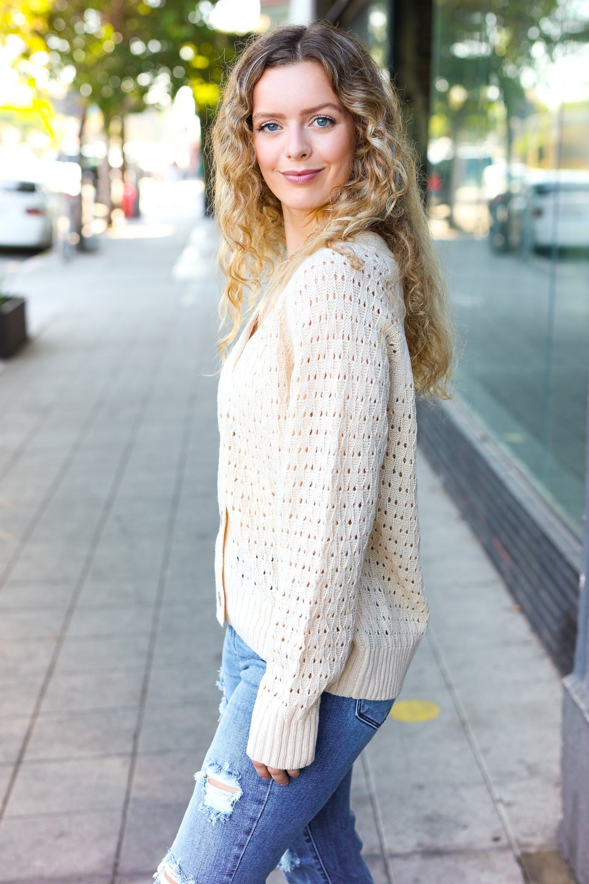 Maxct &Follow Me Oatmeal Pointelle Knit Button Down Cardigan
