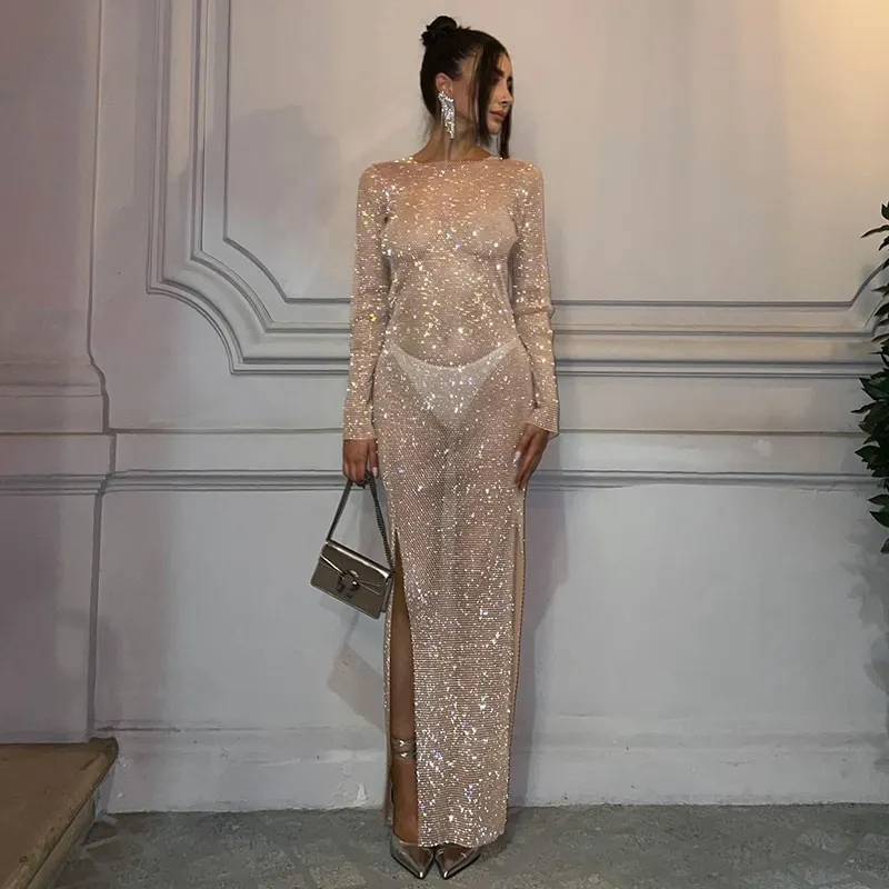 Sexy See Through Sheer Mesh Dress Elegant Solid Color Diamonds Slit Long Sleeves Dresses Party Club Lady Long Vestidos