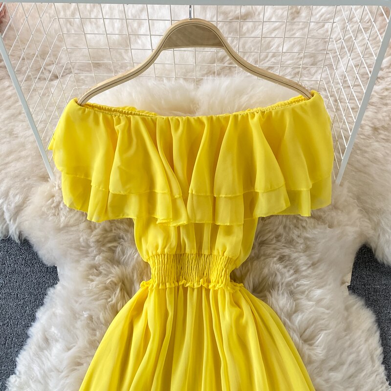 Chiffon Dress Women Sexy Slash Neck Ruffle Robe Elegant Ruffle High Waist Vestidos Female Beach Vacation New