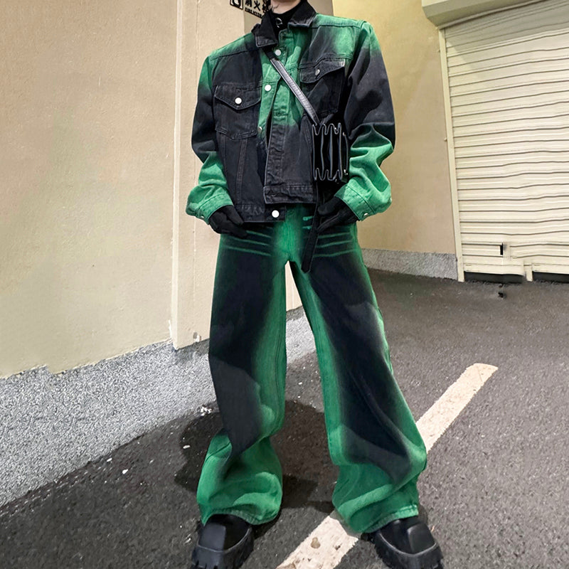 Maxct Spray-painted Denim Jacket and Wide-leg Trousers Two-piece Set