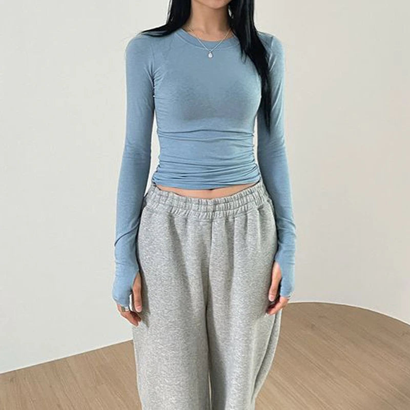 Maxct Chic Fashion Elegant Slim Fit Crop Tops Women Clothes Casual Solid Color Basic Tees Autumn Spring O Neck Long Sleeve T-shirt