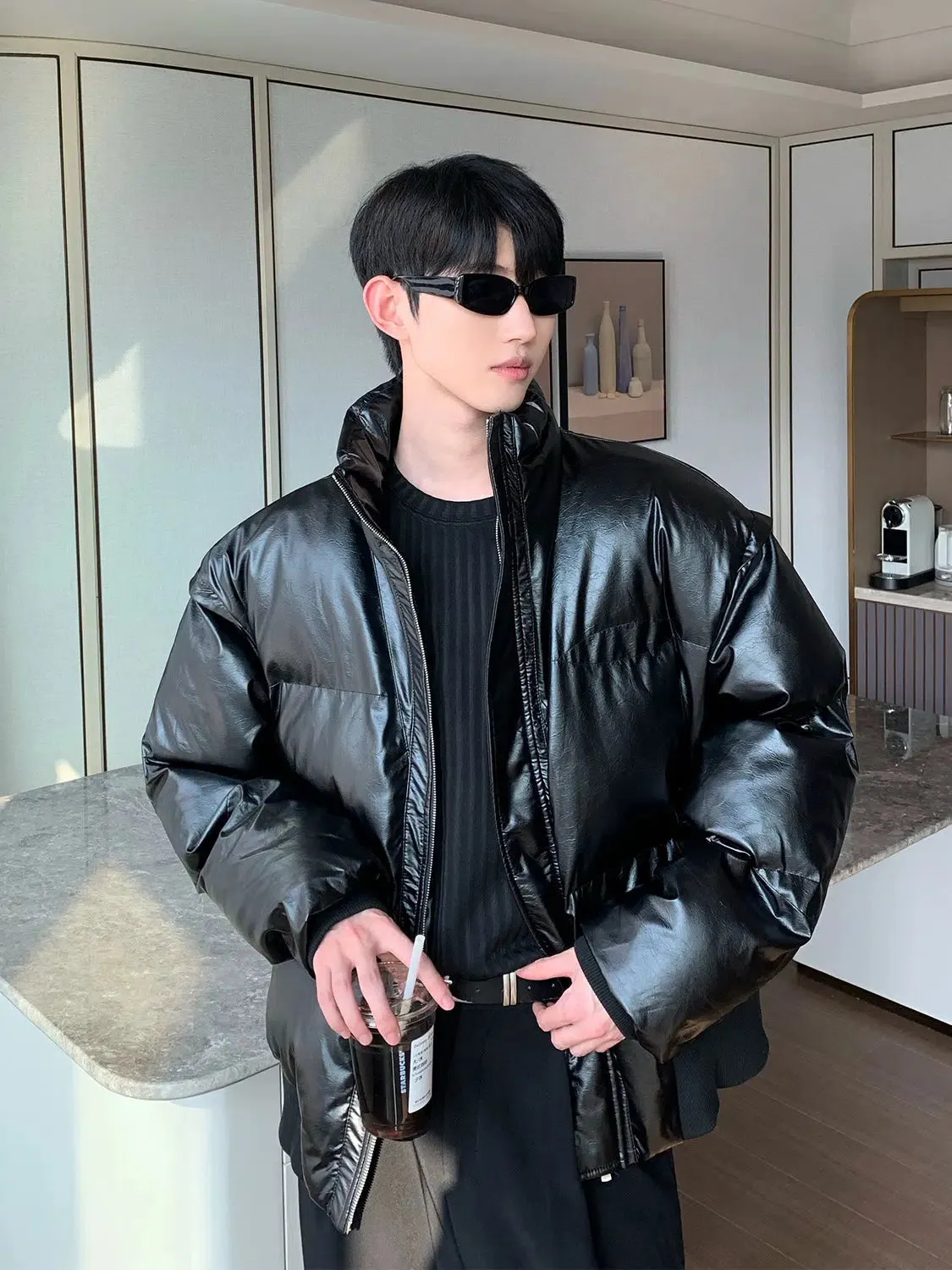 Maxct Cotton-filled Stand-up PU Leather Jacket
