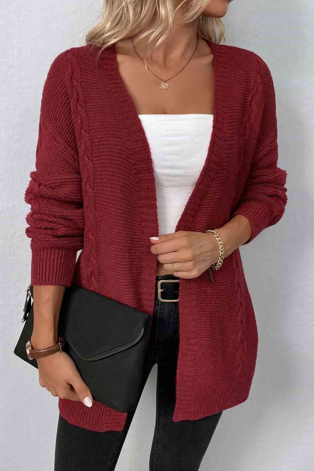 Maxct &Cable-Knit Open Front Cardigan with Pockets
