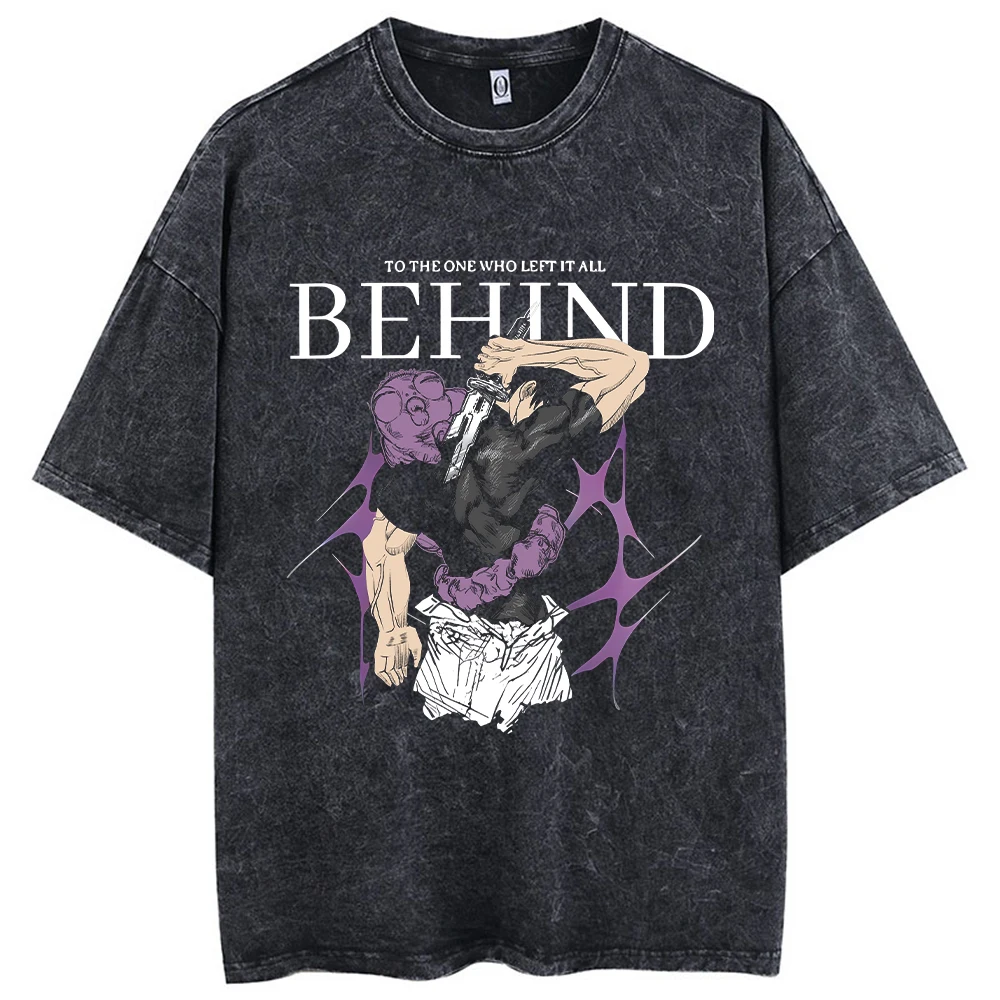 Maxct Men Streetwear Washed Acid Oversized T Shirt Japanese Anime Retro Worn Graphic Print T-Shirt Summer Cotton Short Sleeve Tees