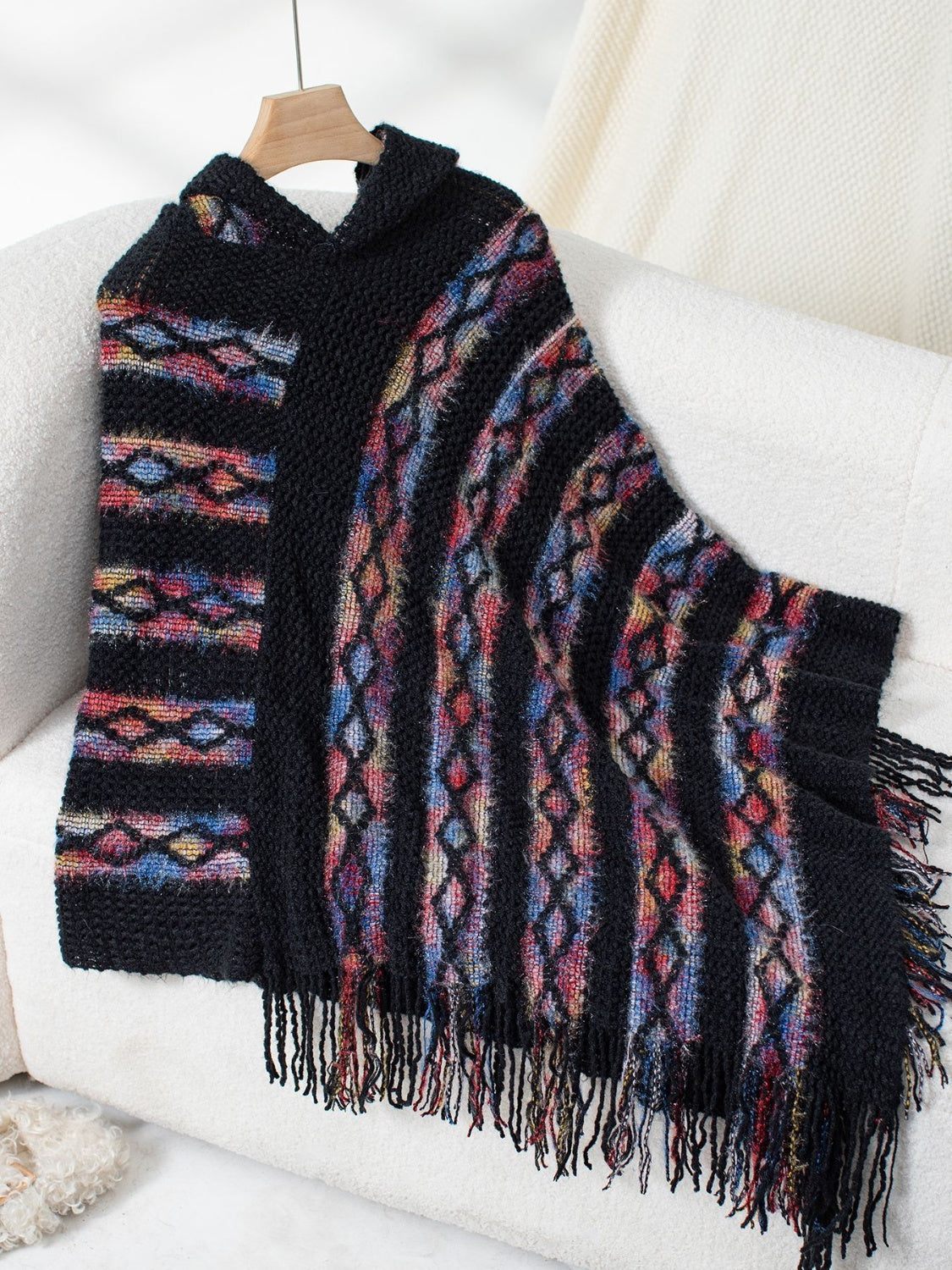 Maxct &Fringe Contrast Hooded Poncho
