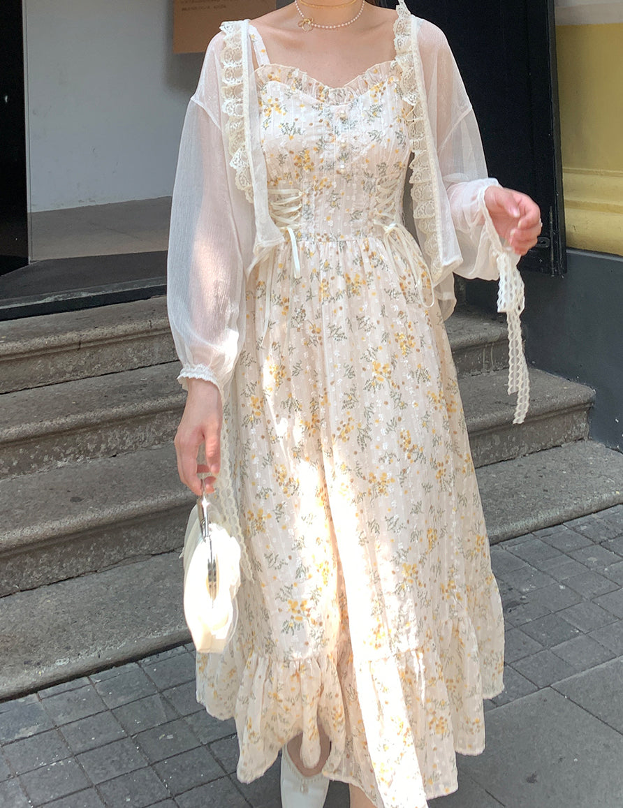 Ditsy Floral Lace Up Midi Dress Maxct
