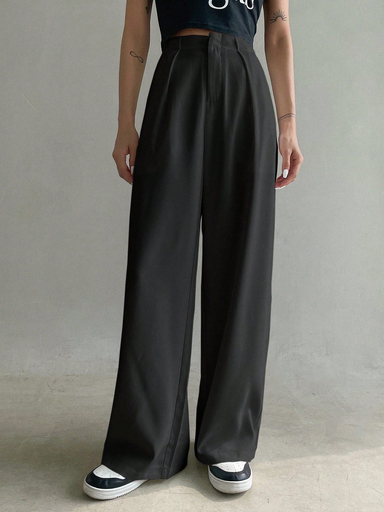 Maxct Solid Slant Pocket Wide Leg Suit Pants
