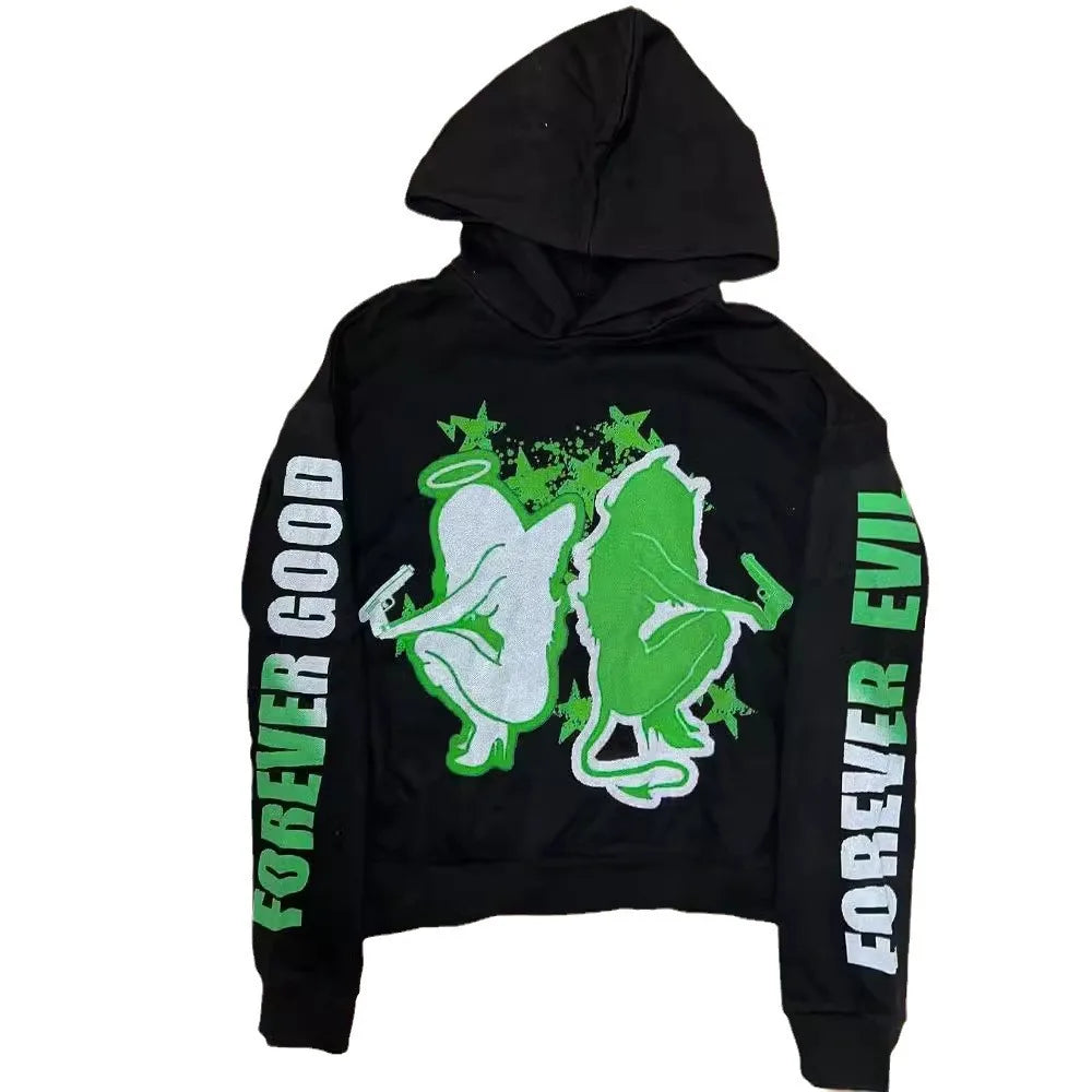 Maxct Y2k Long Sleeved Pullover Hoodie Sweatshirt Dark High Street Oversized Streetwear Hip-Hop Punk Print Pattern Top Clothing Jacket