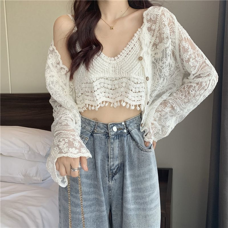 See Through Shirt Women Lace Blouse Summer Sun-Proof Sweet Sheer Tops Preppy V-Neck Casual Trendy Harajuku Basic Korean Blouse