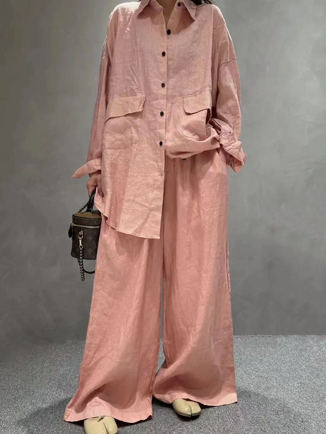Maxct Linen Loose Shirt &Wide-Leg Pants 2-Pieces Suit