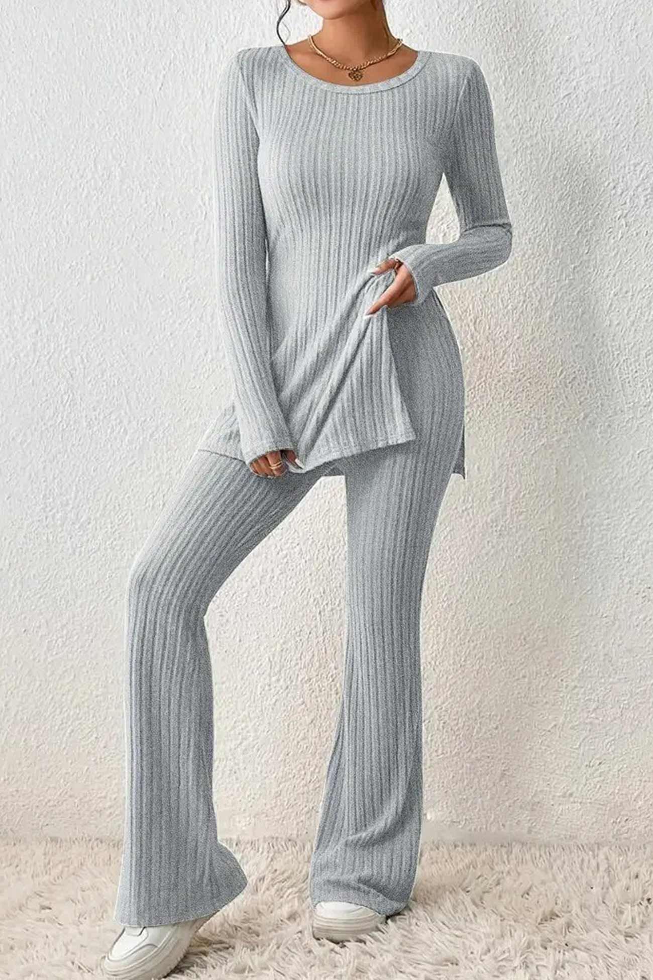 Maxct Ribbed Knit Slit Hem Tops Flares Long Pants Set