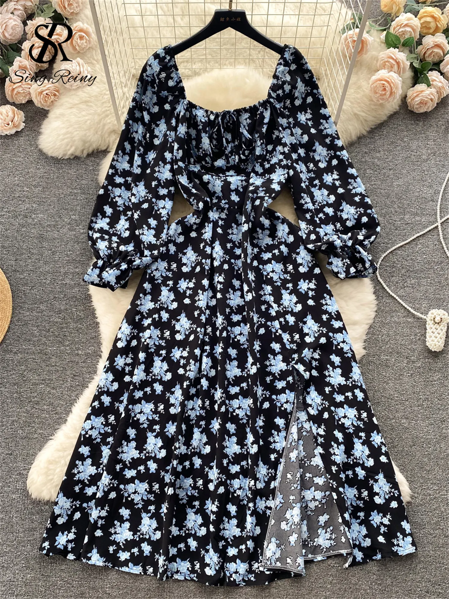 Maxct Summer Chiffon Split Midi Dress Women Square Collar Puff Sleeve Elastic Waist Gentle Korean Flora Print Sexy Dress