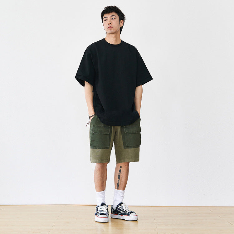 Maxct minimalist fashion men Japanese Style Heavy Cotton Men's round Neck Short Sleeve T-shirt Loose Red Rope Solid Color Bottoming Shirt Couple Half Sleeve Top