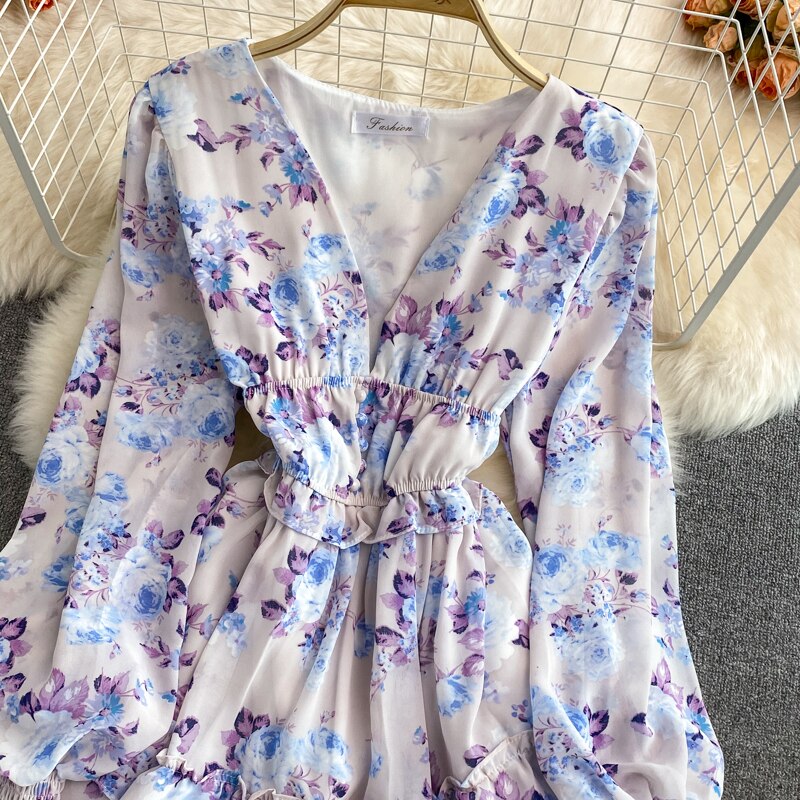 Women's Green/Purple/Beige Floral Chiffon Dress Bohemian V-Neck Lantern Long Sleeve High Waist Ruffle Vestidos Female New