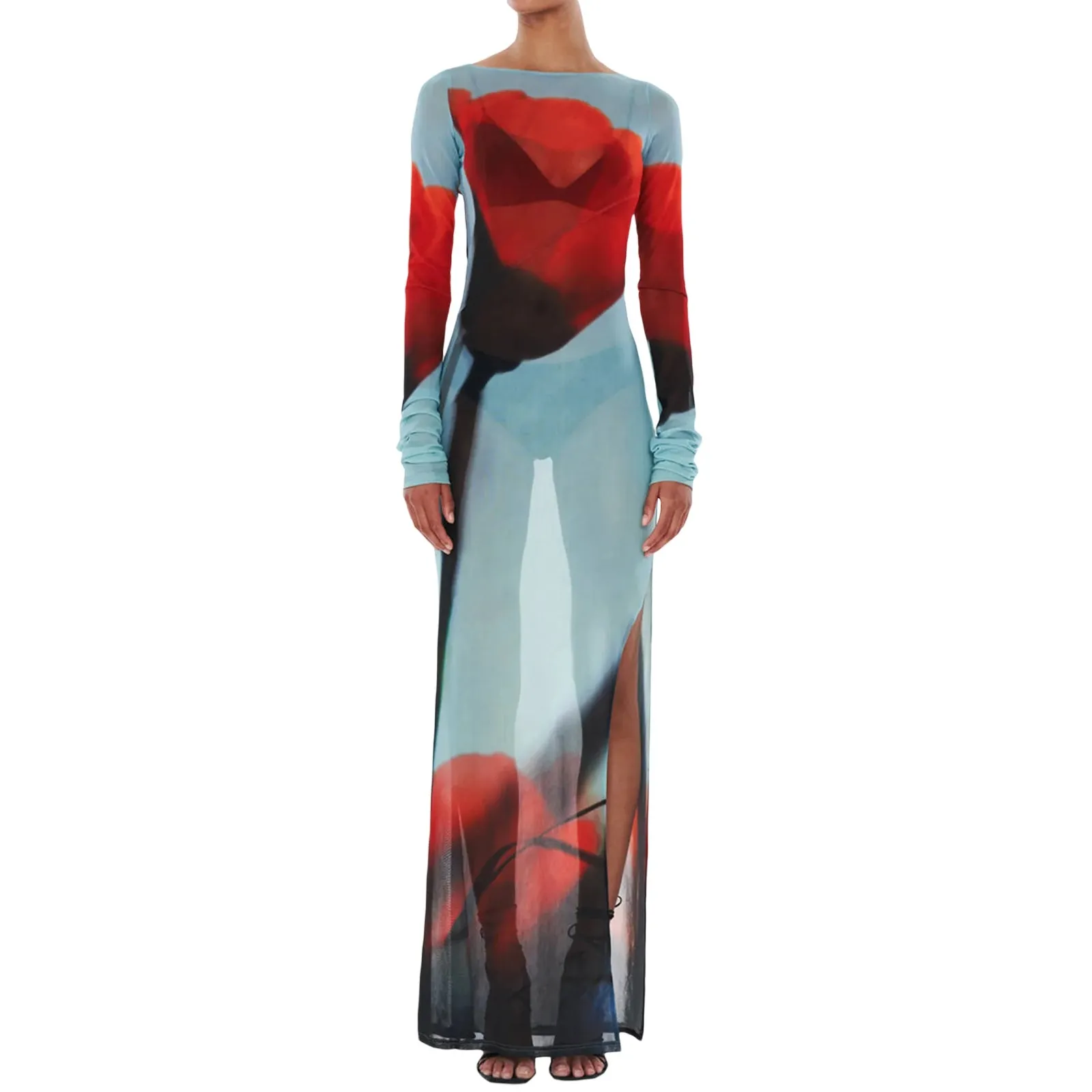 Maxct Women’s Boydcon Long Dress Sheer Mesh Long Sleeve Boat Neck Floral Print Midi Dress Side Split Dress Ladies Summer Dress