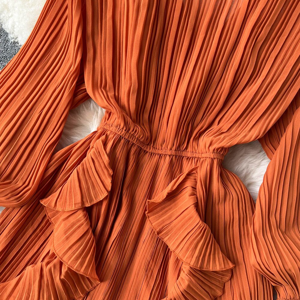 Chiffon Pleated Long Dress Women Vintage V-Neck Flare Sleeve Draped Ruffle Vestido Female Maxi Robe Spring Fall 1215-1