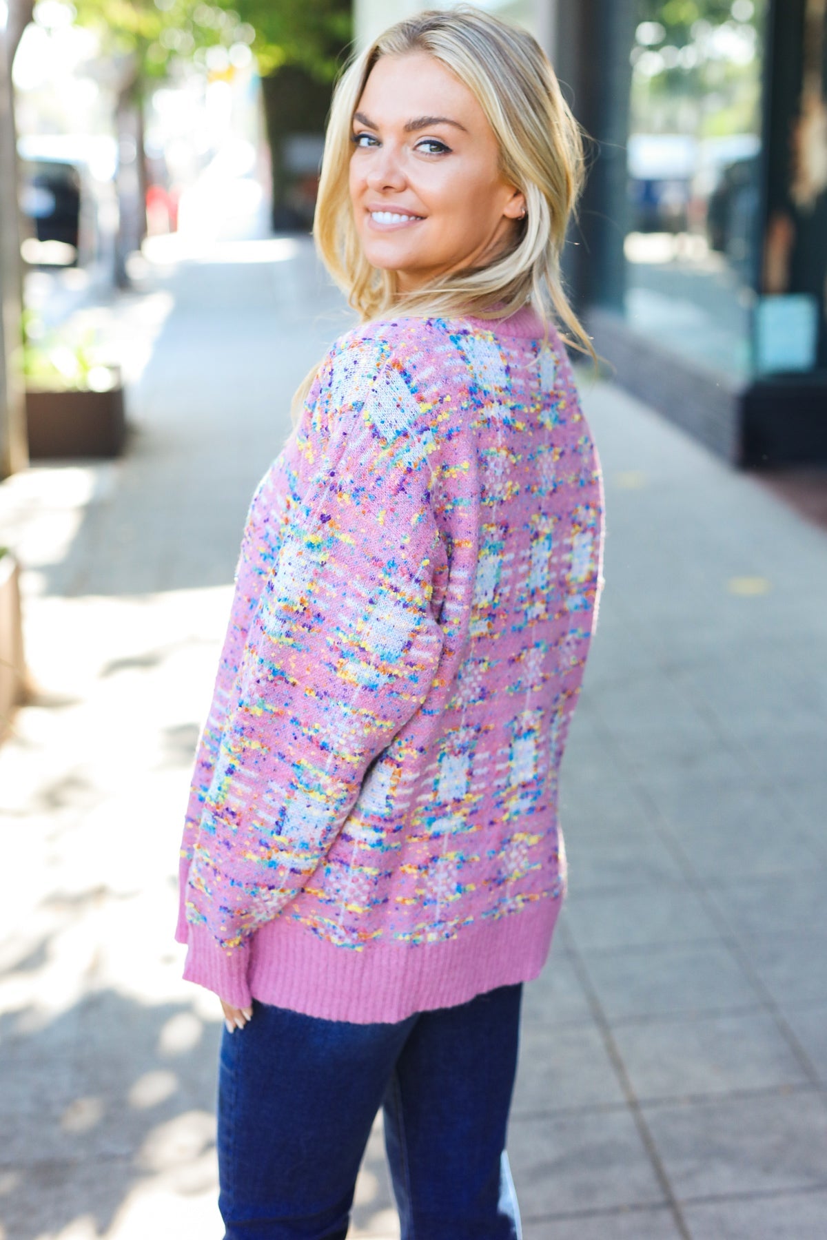 Maxct &Adorable Pink Multicolor Popcorn Knit Sweater
