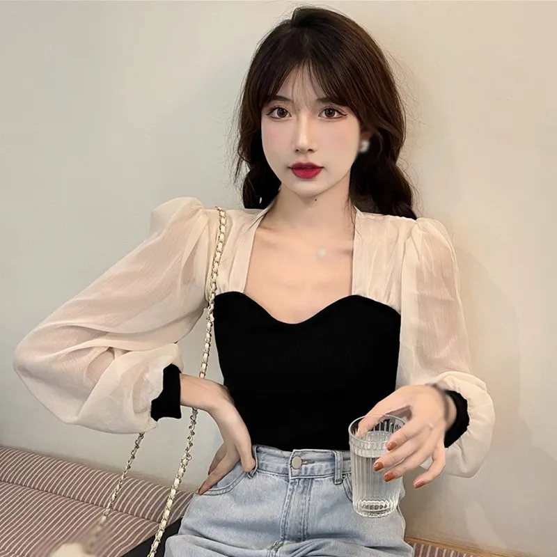 Maxct Autumn T Shirt for Women Square Neck Puff Sleeves Long Sleeves Blouse Chic Casual Tops