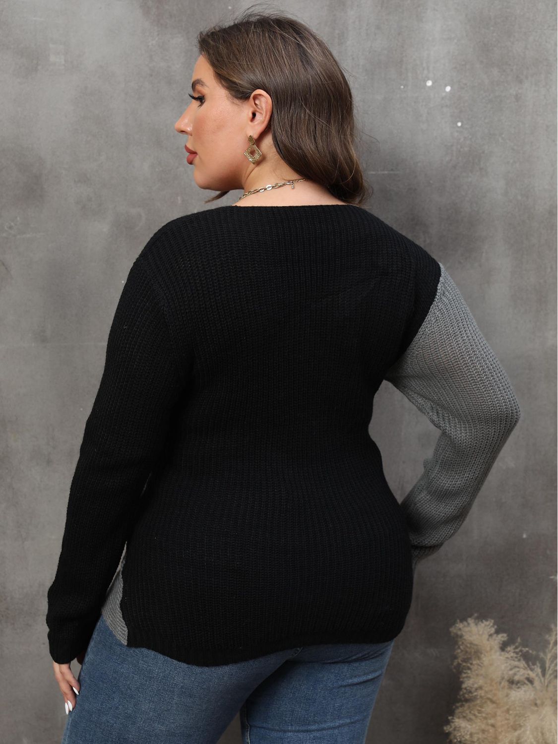 Maxct &Plus Size Two-Tone Surplice Neck Sweater
