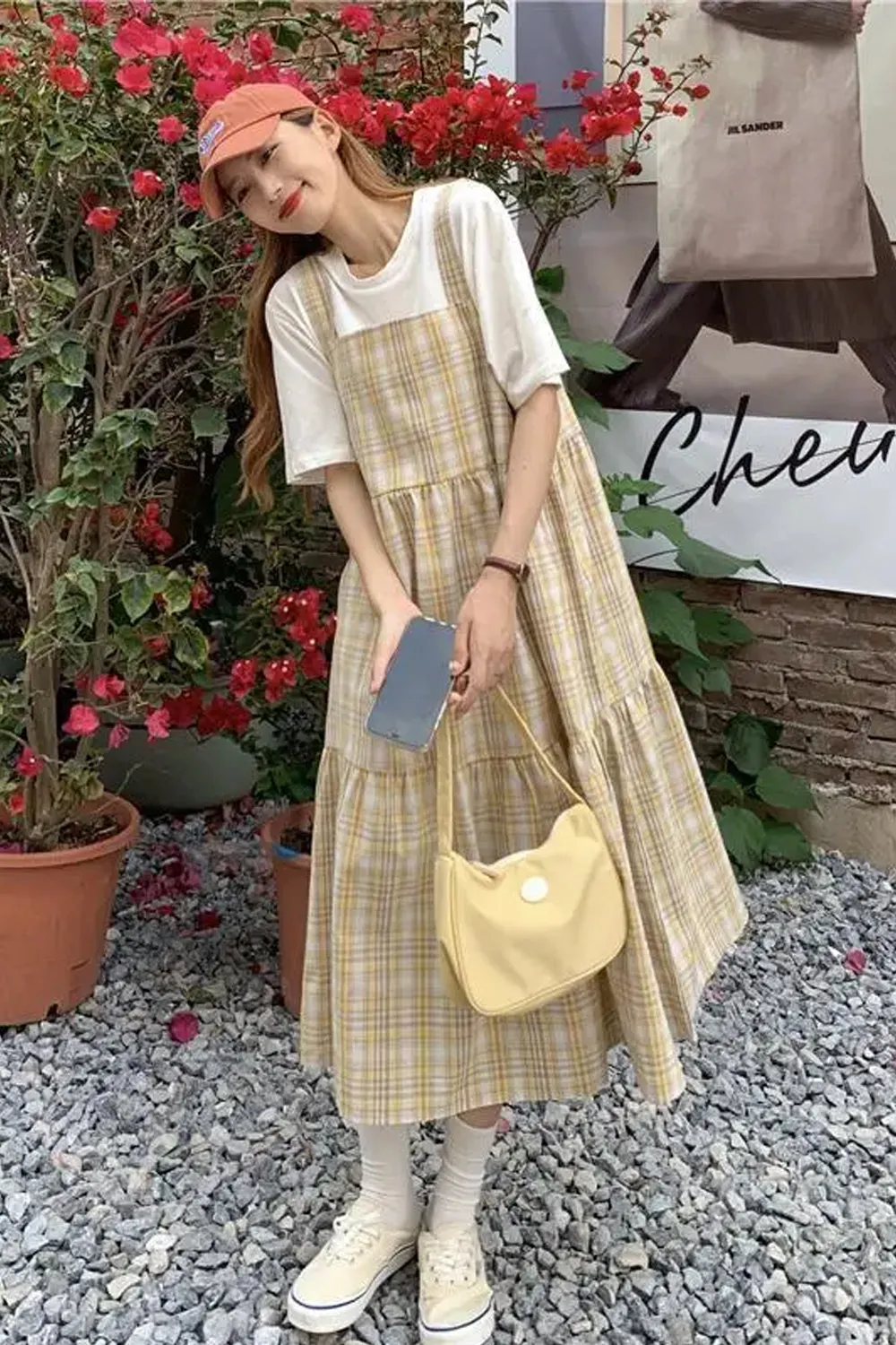 Square Collar Lovely Plaid Long Dress Maxct