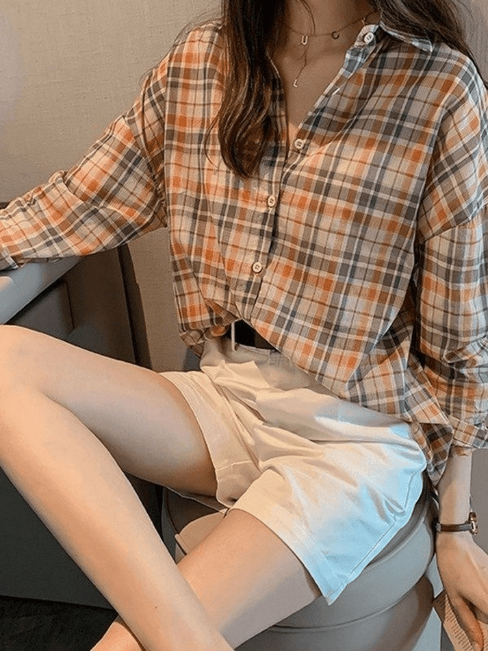 Maxct Vintage Checkered Long Sleeve Button Blouse