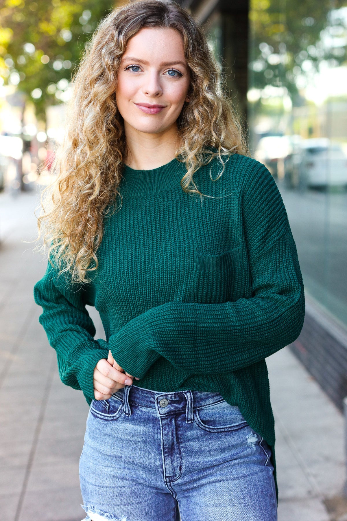 Maxct &Classy Chic Hunter Green Mock Neck Chest Pocket Knit Sweater