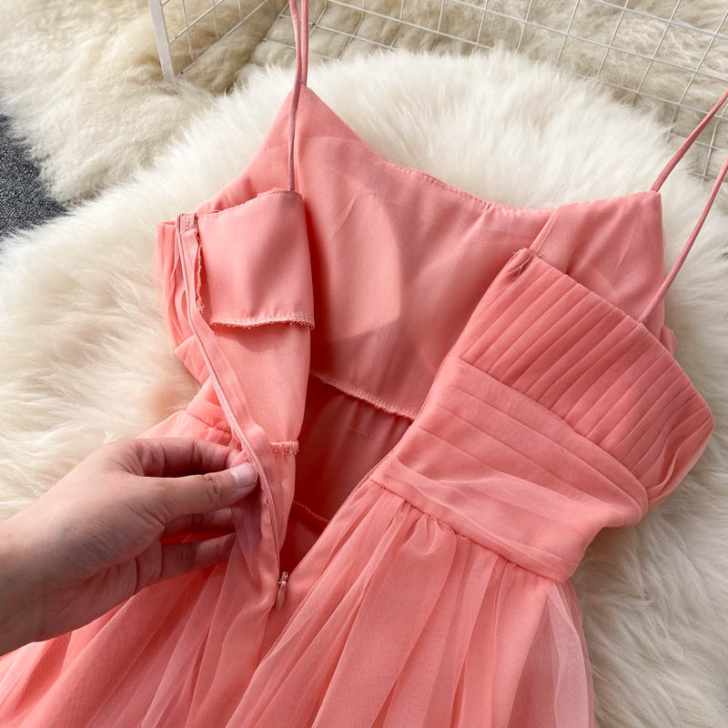 Women's Sexy Mesh Spaghetti Strap Long Dress Summer Orange/Purple/Blue/Pink Ruffle A-Line Beach Robe Female Elegant Party Vestidos