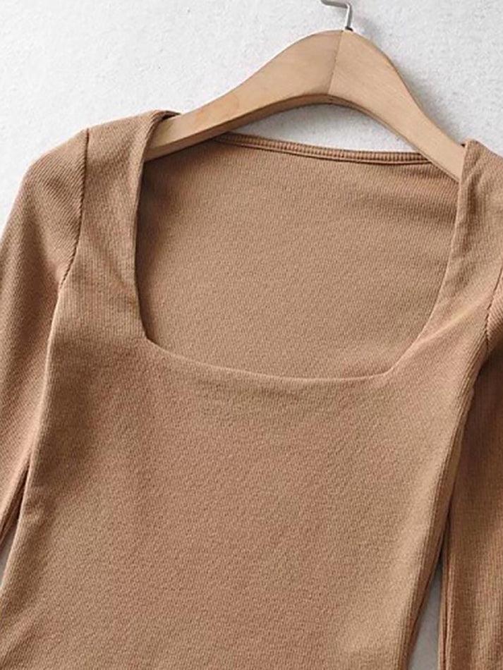 Maxct-Long-Sleeve Square Neck Plain Cropped T-Shirt