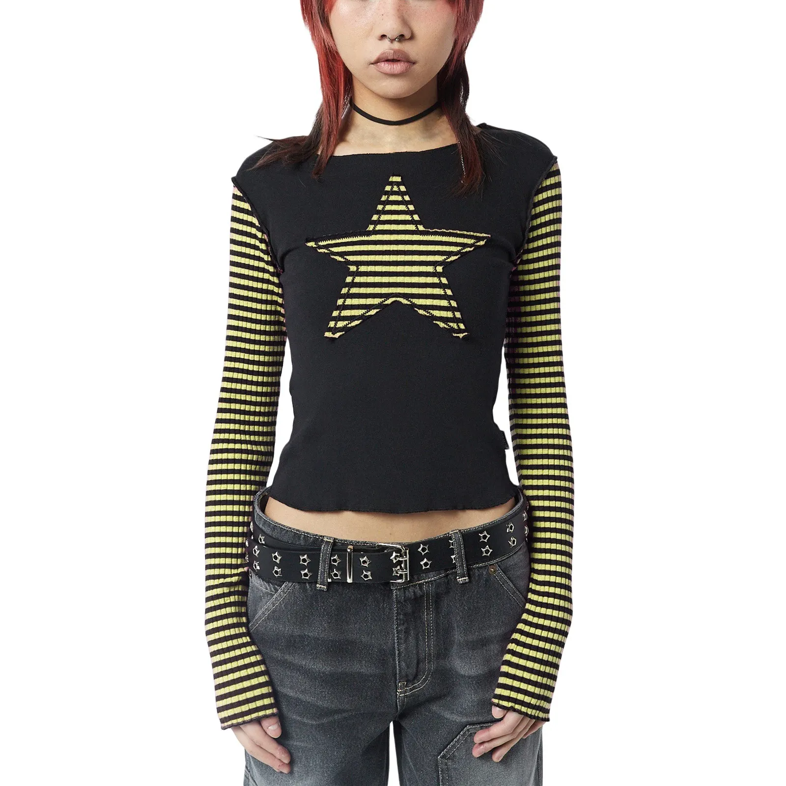 Maxct 90s streetwear Y2K Star Striped Sweet Cool Women's Long Sleeve Striped Stitching T-shirt Five-Pointed Star Embroidered Casual Top 3324