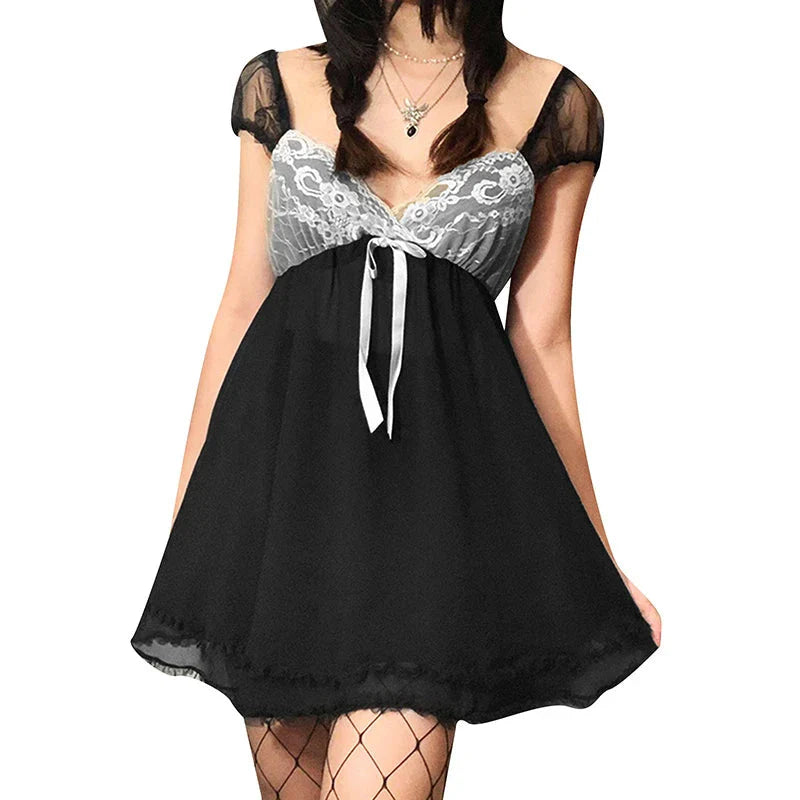 Kawaii Lace Patchwork Dress y2k V Neck Sleeveless A-line Mini Dresses with Bow 2000s Fairycore Grunge Dresses Maxct