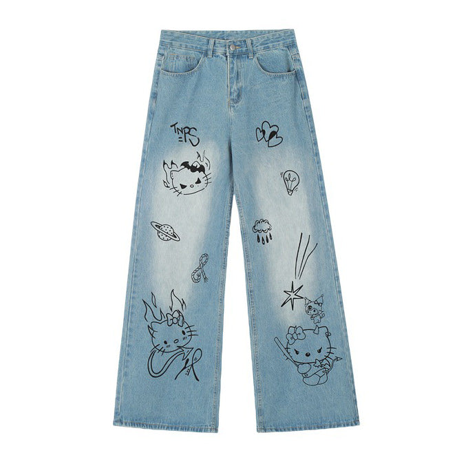 Grunge Aesthetic Cat Jeans in Blue Maxct