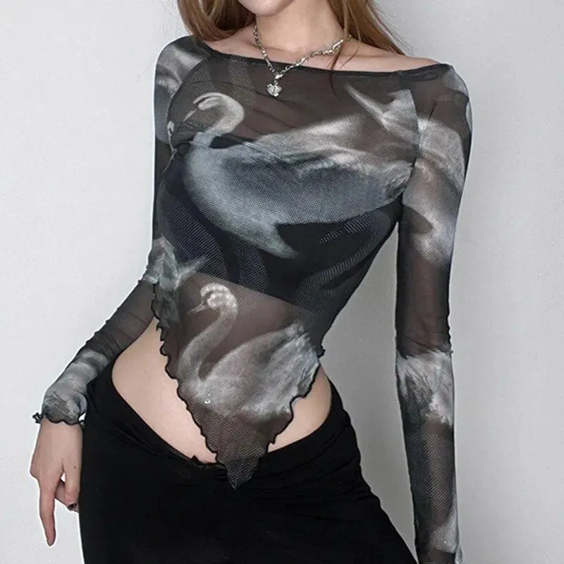 Maxct &Swan Graphic Asymmetrical Mesh Top