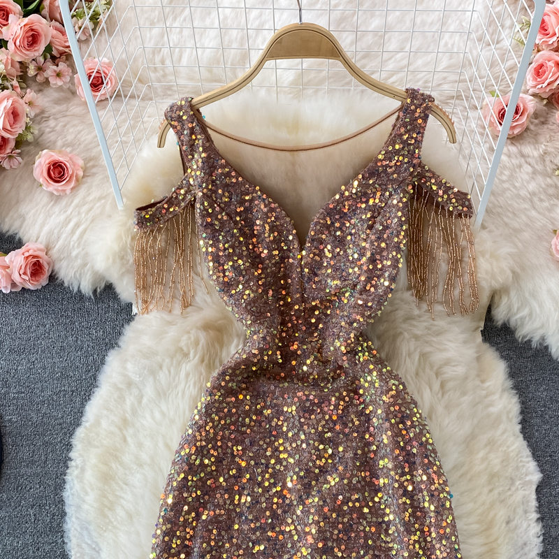 Sequins Party Maxi Dress For Women Sexy V-Neck Short Sleeve High Waist Tassel Long Robe Female Elegant Vestidos