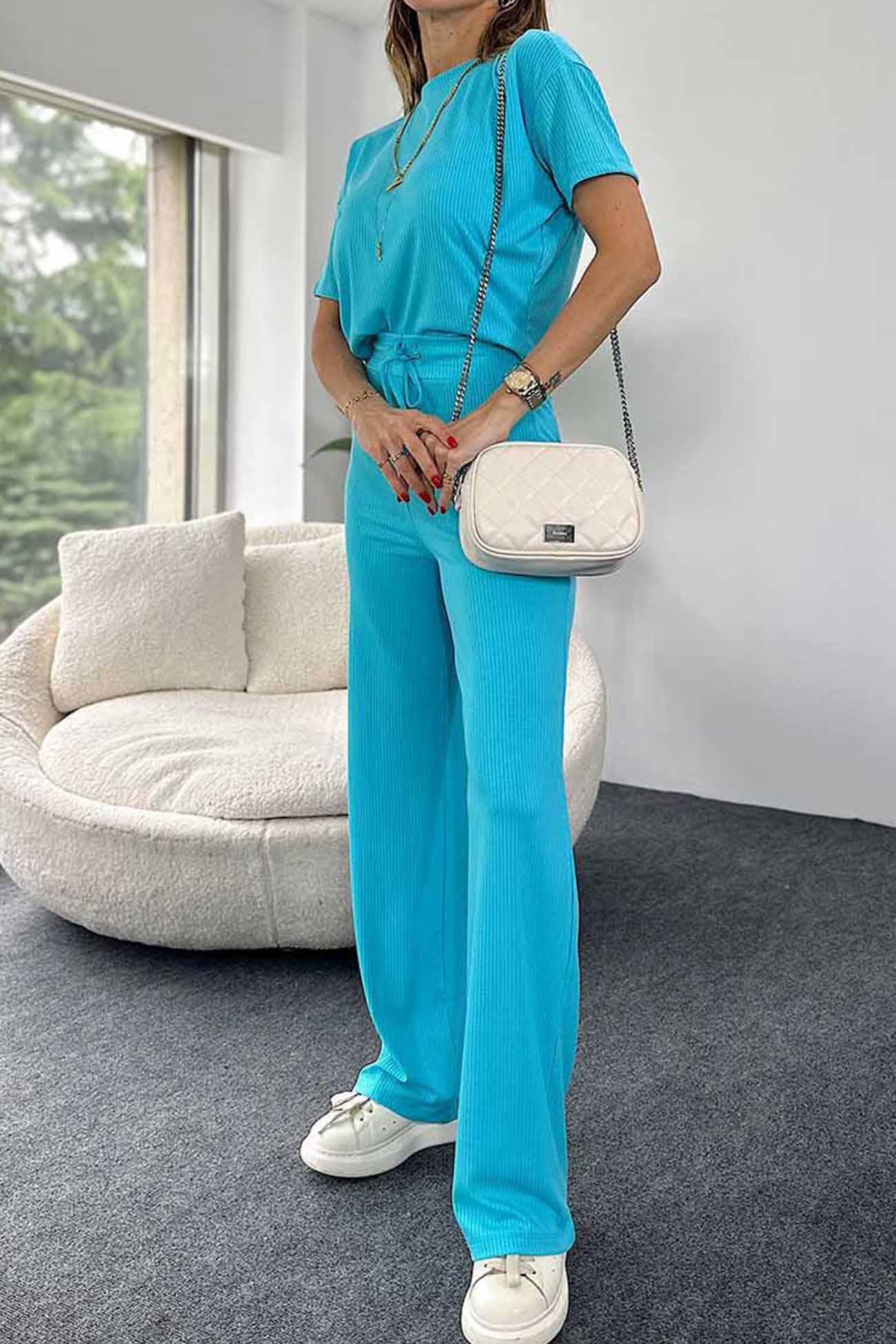 Maxct Ribbed Short Sleeve Drawstring Long Pants Set
