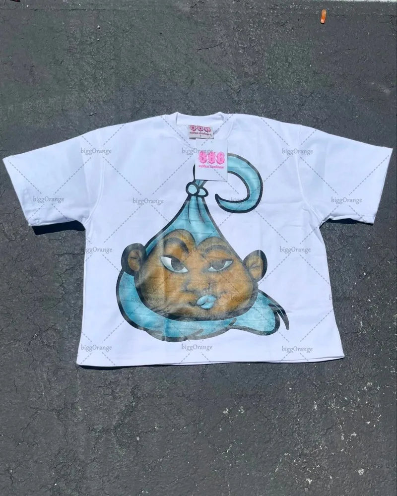 Maxct European and American Street Fashion Brand Versatile T-shirt Tops Women Y2k Retro Cartoon Print Oversized Short-sleeved Men