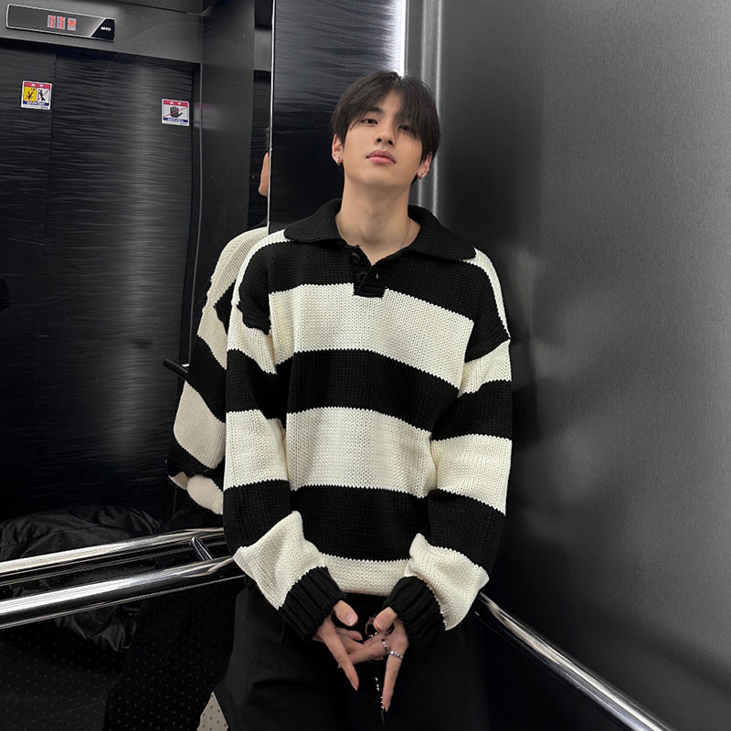 Maxct 6628 Striped Knitted Button-Up Shirt Sweater