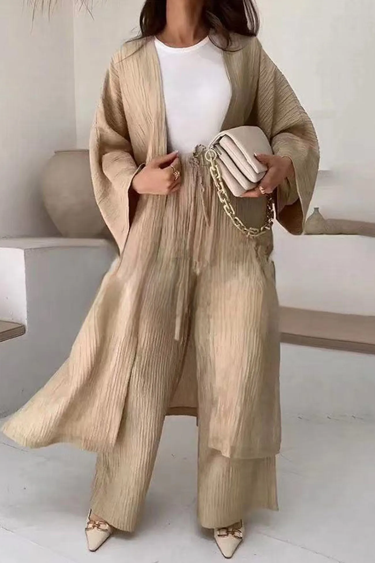OLCooL Wrinkled Texture Open Front Cardigan Suits