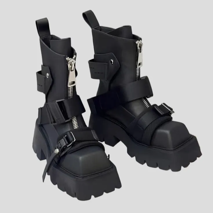 Belt Buckle Black Biker Boots for Women Maxct