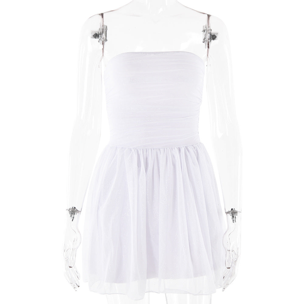 Maxct homecoming dresses Hot New Dress Sexy Trendy Mesh Stitching off-Neck Tube Top Backless Short Skirt for Women