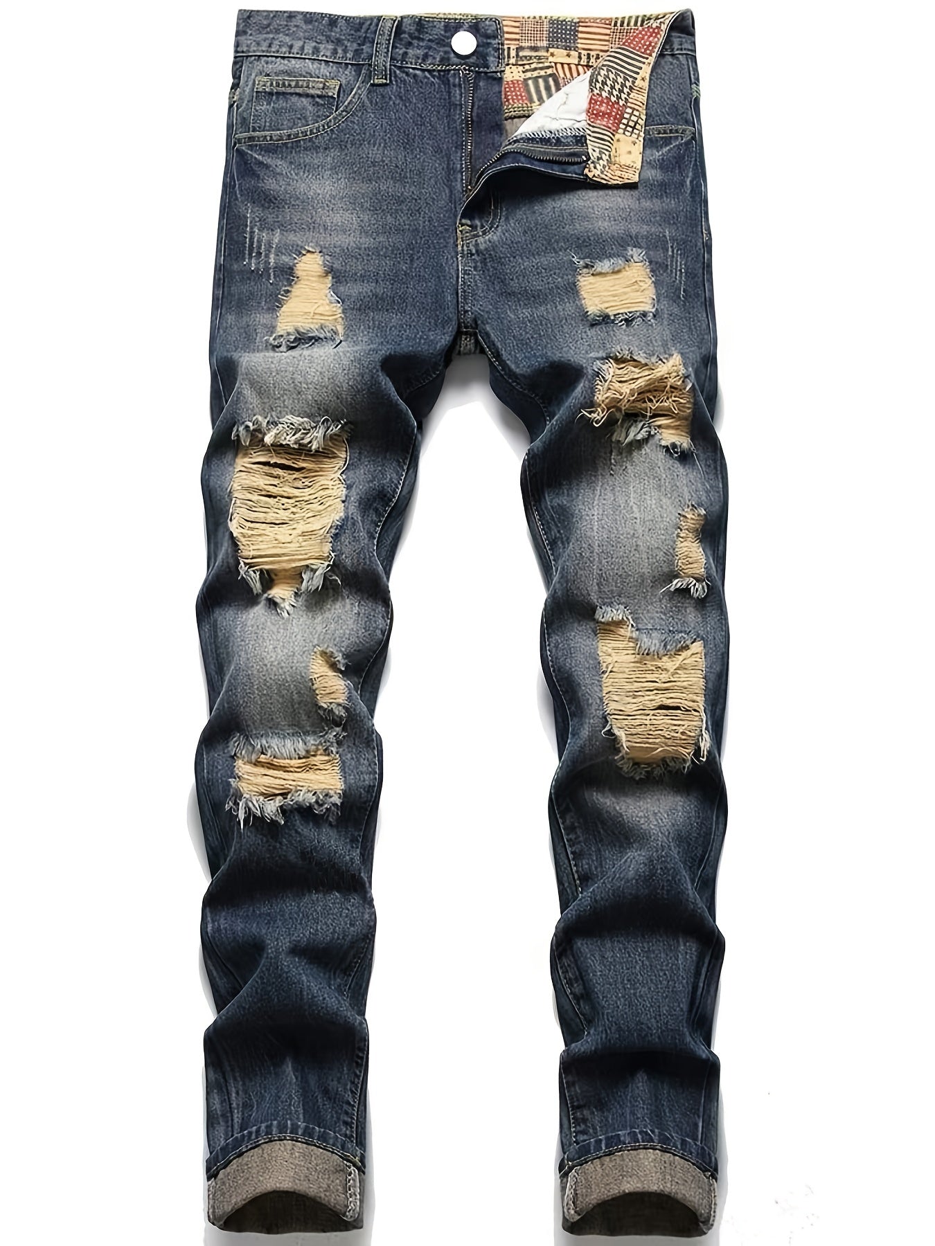 Maxct  Regular Fit Ripped Jeans, Men's Casual Street Style Distressed Denim Pants For All Seasons